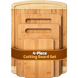 Bamboo Cutting Board Set of 4-Kitchen Chopping Boards with Juice Groove for Meat